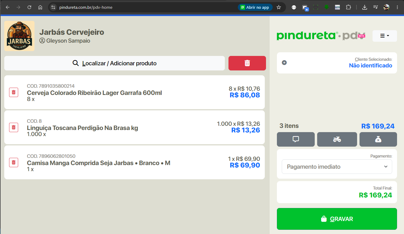Tela do PDV desktop do Pindureta